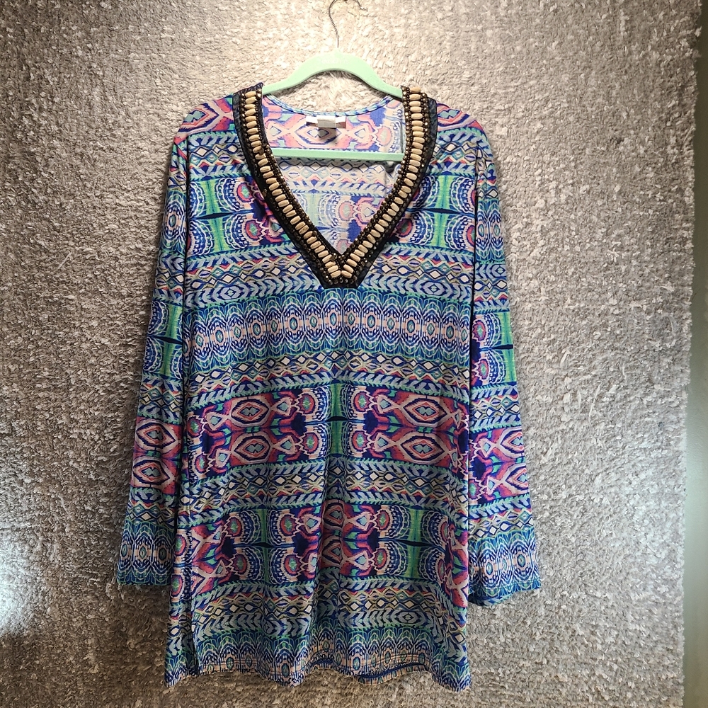 La Blanca Swim Cover Up Tunic Multicolor Deep V Neck Bead Accent Large Nylon